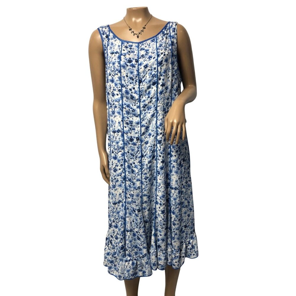 Studio One New York Dress Womens Size 14 Blue White Floral Sleeveless Comfy Midi